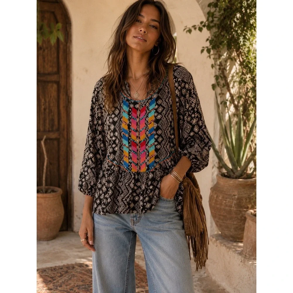 Savanna Jane Black Tribal Print Embroidered Peplum Blouse Top 1X PT10073 - Picture 1 of 8